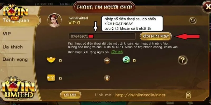 Nhập số điện thoại di động cá nhân để kích hoạt ID cá cược IWIN